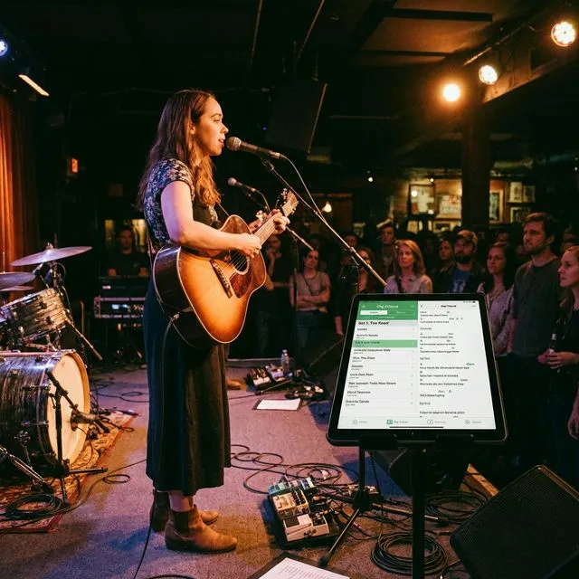 A musician on stage with a tablet showing the Gig Friend app