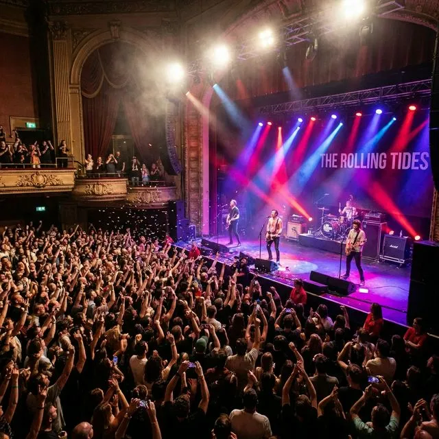 A packed venue with a band performing on stage under colored lights