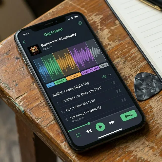 The Gig Friend app showing a song detail view with waveform sections and setlist
