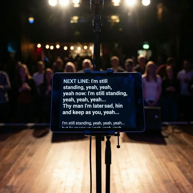 A tablet on stage displaying scrolling lyrics in teleprompter mode